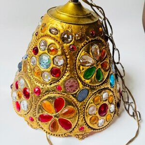 Vintage Moroccan Brass & Glass Pendant Hanging Lamp Mosaic Style 13” W